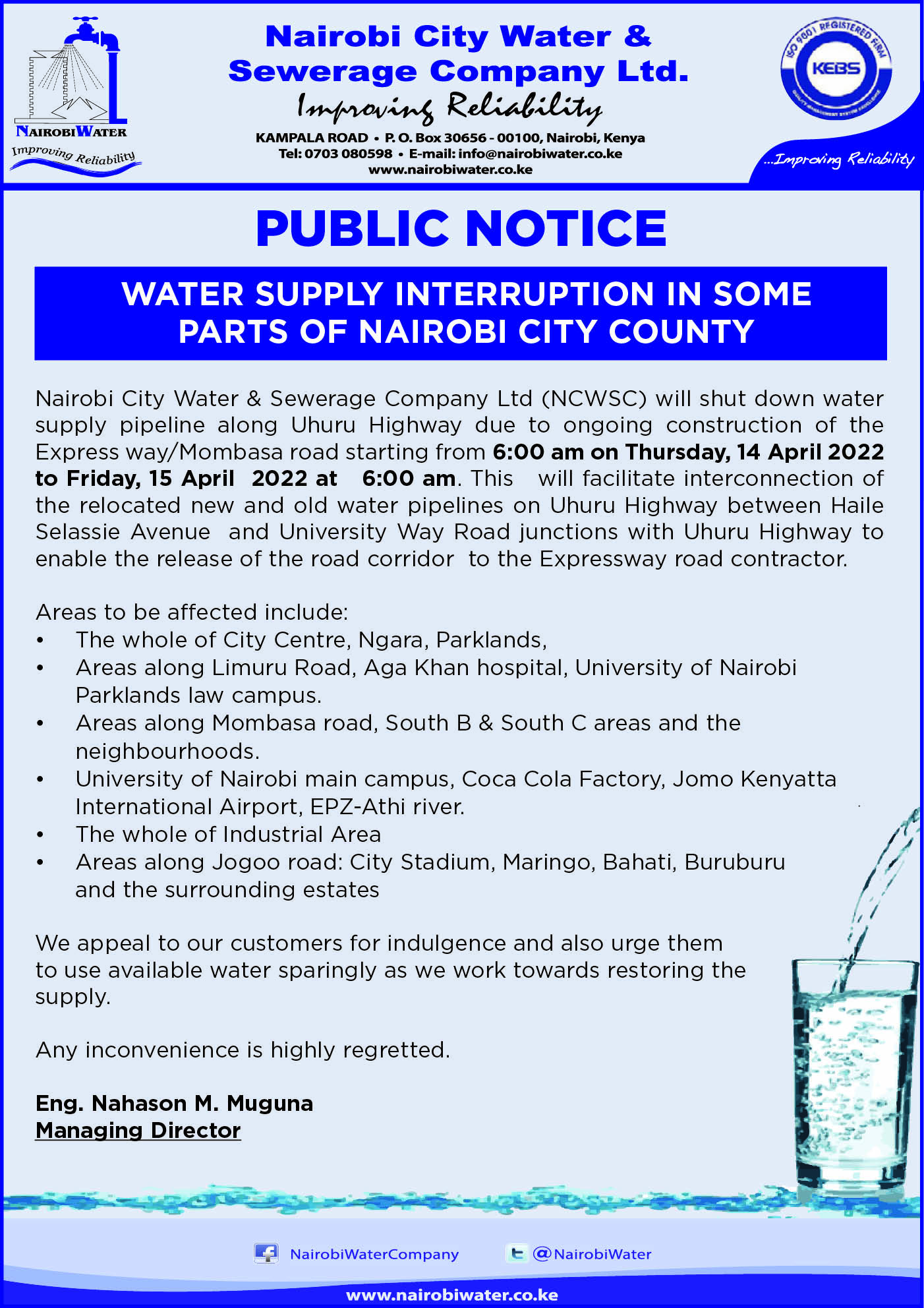 Nairobi Water on Twitter "NCWSC will shut down water supply pipeline