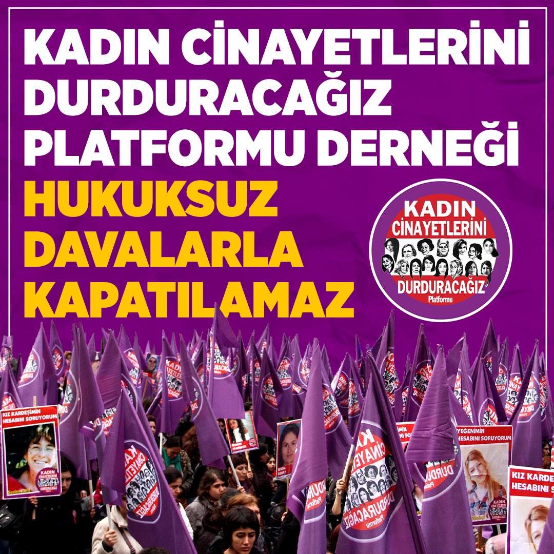 Kadın Cinayetlerini Durduracağız Platformu Derneği
Hukuksuz Davalarla Kapatılamaz

#KadınCinayetleriniDurduracağız 

Derneğimize açılan içi boş kapatma davasına yönelik açıklamamız: kadincinayetlerinidurduracagiz.net/gorseller/3016…