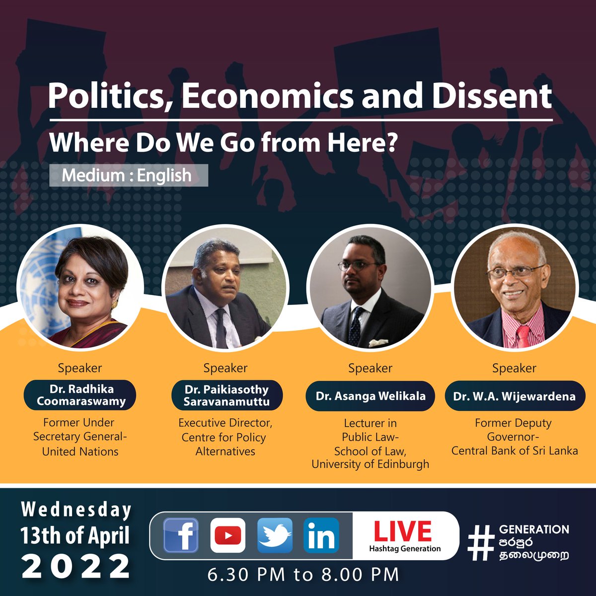 Senel Wanniarachchi (@senel_w) on Twitter photo This discussion on "Politics, Economics & Dissent: Where Do We Go from Here?" is live at 6.30PM today w/ <a href="/PSaravanamuttu/">P. Saravanamuttu</a> <a href="/welikalaa/">Asanga Welikala</a> <a href="/waw1949/">W A Wijewardena</a> & Dr. Radhika C on <a href="/generation_sl/">Hashtag Generation</a> pages
Our Facebook: facebook.com/hashtaggeneratâĻ
Only if u aren't at protests pls!
x.com/generation_sl/âĻ This discussion on "Politics, Economics & Dissent: Where Do We Go from Here?" is live at 6.30PM today w/ <a href="/PSaravanamuttu/">P. Saravanamuttu</a> <a href="/welikalaa/">Asanga Welikala</a> <a href="/waw1949/">W A Wijewardena</a> & Dr. Radhika C on <a href="/generation_sl/">Hashtag Generation</a> pages
Our Facebook: facebook.com/hashtaggeneratâĻ
Only if u aren't at protests pls!
x.com/generation_sl/âĻ