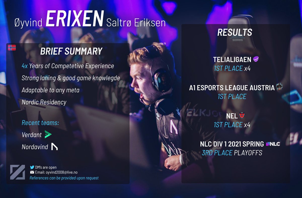 Hello!
While I am still under contract with Verdant until 7th of May, I got permission to talk to teams.
Primarily looking for ERL(DIV1) opportunities

References:
<a href="/pcdv8r/">Peter Dun</a> 
<a href="/Veigar_v2/">Veigarv2</a>  
<a href="/donbygg/">Mikkel Donby</a> 

For contact, send me a DM or reach out to my agency

Likes and retweets appreciated