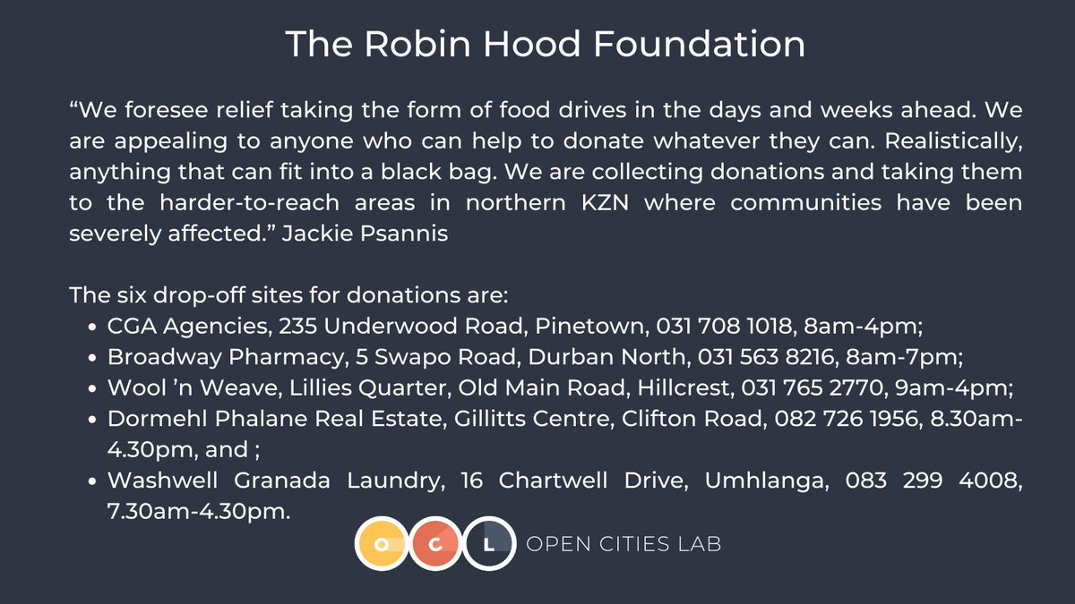 Here are some ways you can help communities in KZN affected by the heavy rains. List recreated from <a href="/TimesLive/">Times LIVE</a> article by Cebelihle Bhengu, bit.ly/368QgzJ

#KZNFloods #KZNWeather