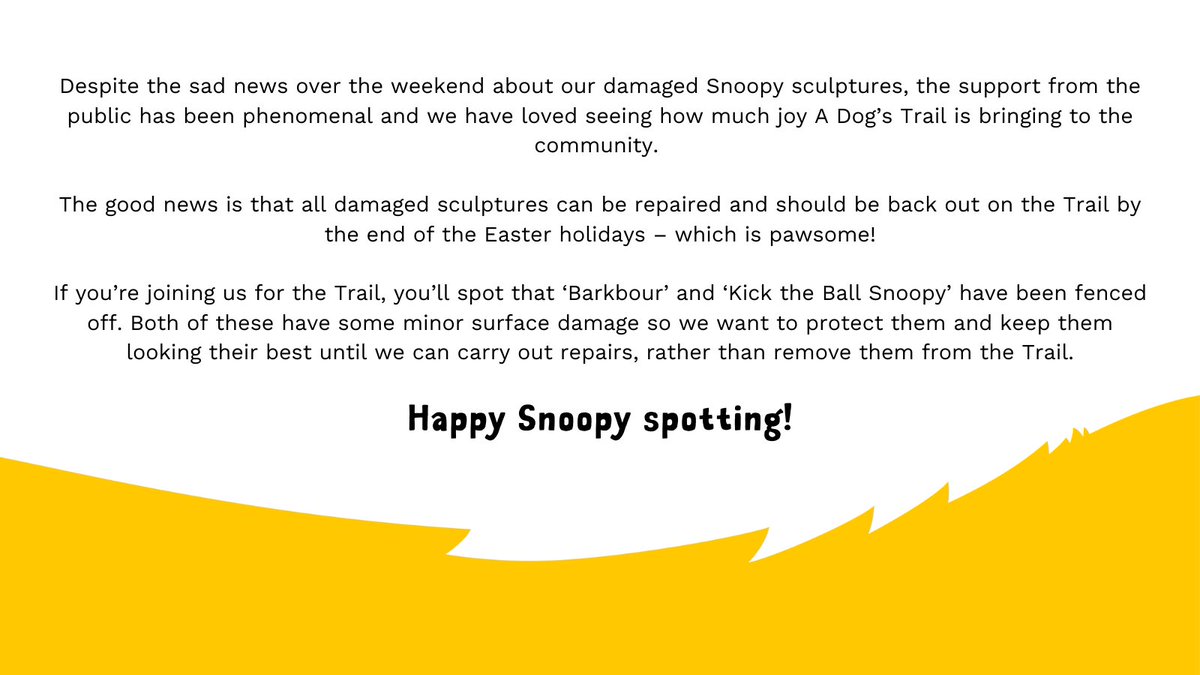 Morning everyone! 👋 A quick update from us. Thanks for all your amazing support. 💛

#ADogsTrail #ArtTrail #Snoopy #WildInArt #DogsTrust