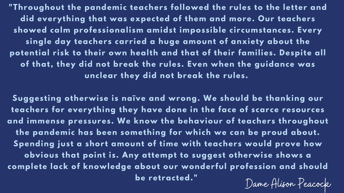 "[teachers] did not break the rules. Even when the guidance was unclear they did not break the rules. Suggesting otherwise is naïve and wrong."

@AlisonMPeacock responds to claims about teachers drinking in staff rooms.