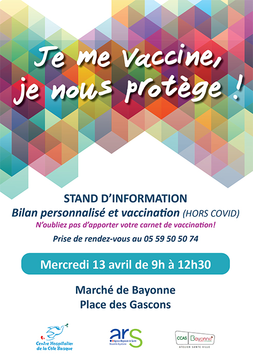 CHCoteBasque's tweet photo. Pays Basque #vacccination 
Vous souhaitez de l'information, faire le point sur vos vaccins ? vous avez jusqu'à 12h30 pour chercher ces réponses sur le stand installé place des gascons à #Bayonne sous l'égide de l'atelier Santé Ville du CCAS de @VilleDeBayonne et le  @CHCoteBasque https://t.co/04vYEbTlwp