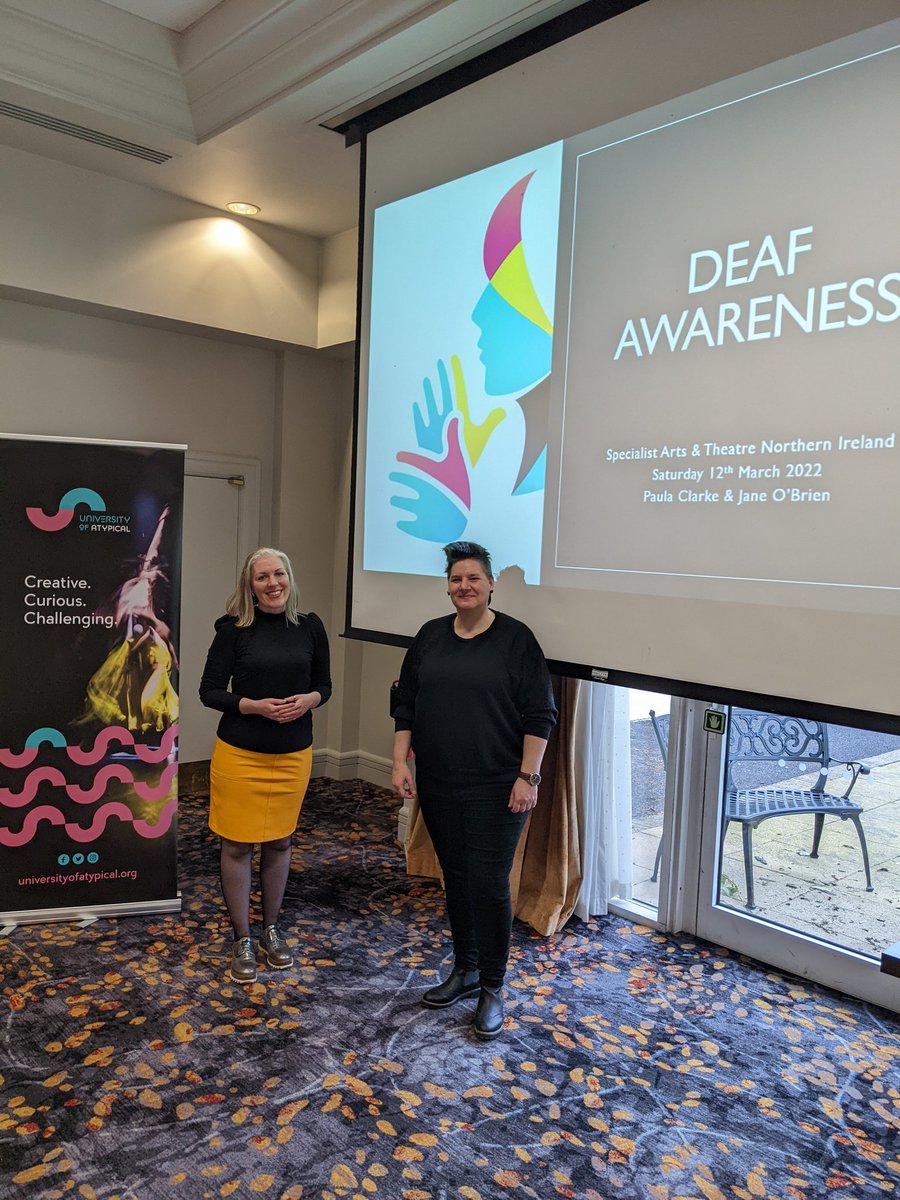 Paulaclarke777's tweet photo. Me and Jane @ArtistSharky Delivery #Deaf Awareness training with NI Arts organisations, present by @UniAtypical. #lipreadingactive #signlanguagesong #education https://t.co/5xXx4cK1i7