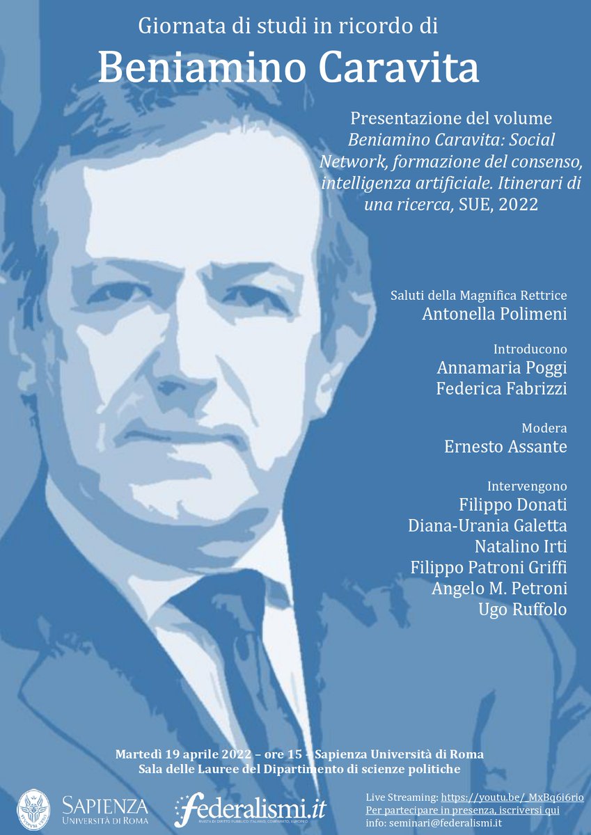 federalismi's tweet photo. Martedì 19, alle 15, il Dipartimento di #Scienzepolitiche della #Sapienza ospiterà la giornata di studi in ricordo di Beniamino #Caravita.
Info e modalità di partecipazione sono reperibili al seguente link: https://t.co/amEEu19RGW
Per info: seminari@federalismi.it
#Federalismi https://t.co/skWT6xlCv5