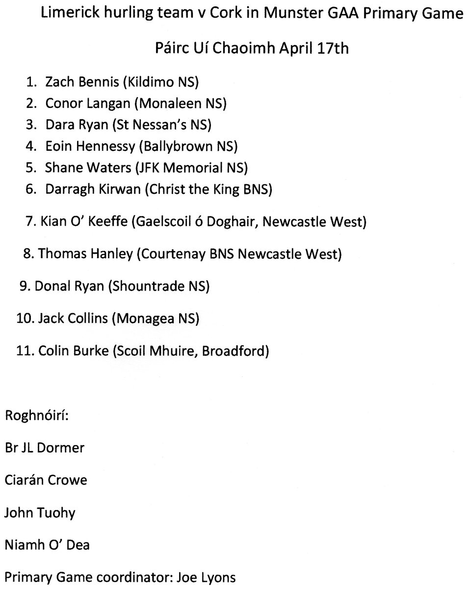 LimerickGAAzine's tweet photo. Only 4 more sleeps until @MunsterGAA Championship begins with the clash of 2021 All-Ireland finalists @OfficialCorkGAA and @LimerickCLG in @PaircUiCha0imh. Limerick Primary Game team has been announced @BallybrownNS @MonaleenNS @MunGAABunscol @CTKBNS @MonageaNS @MungretNS https://t.co/dS4KXNn6KP