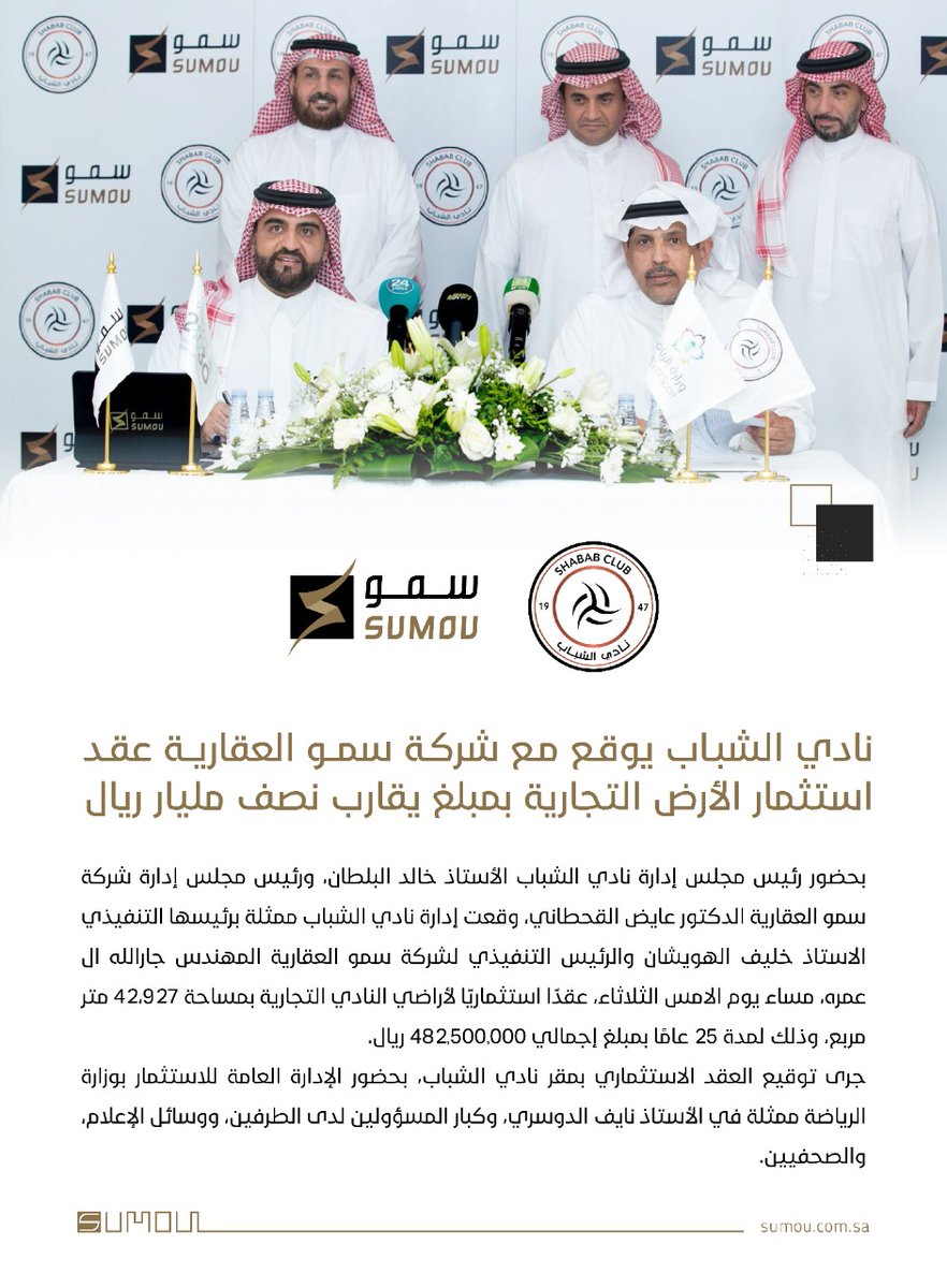 SumouRE's tweet photo. #نادي_الشباب يوقّع مع شركة #سمو_العقارية عقد استثمار أراضي النادي التجارية بمبلغ يُقارب نصف مليار ريال. https://t.co/e1dJrQkXpH
