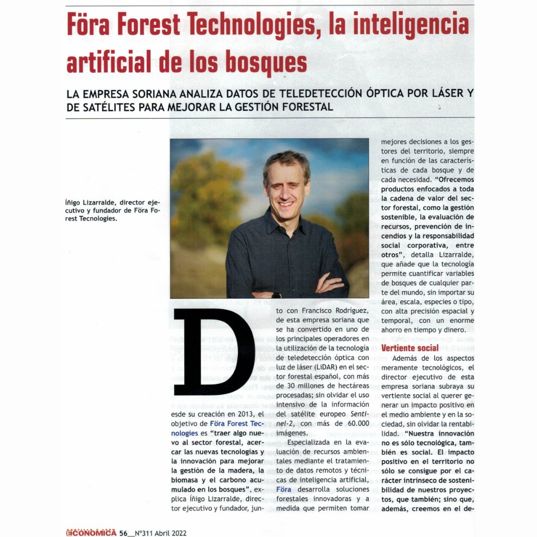 foraforestech's tweet photo. Antes de irnos de vacaciones, os dejamos con este artículo de @cyleconomica que han publicado sobre nosotros en su revista de abril😀

"föra forest technologies, la inteligencia artificial de los bosques"

#somosföra #somosinnövación https://t.co/FXXOAwIj1W