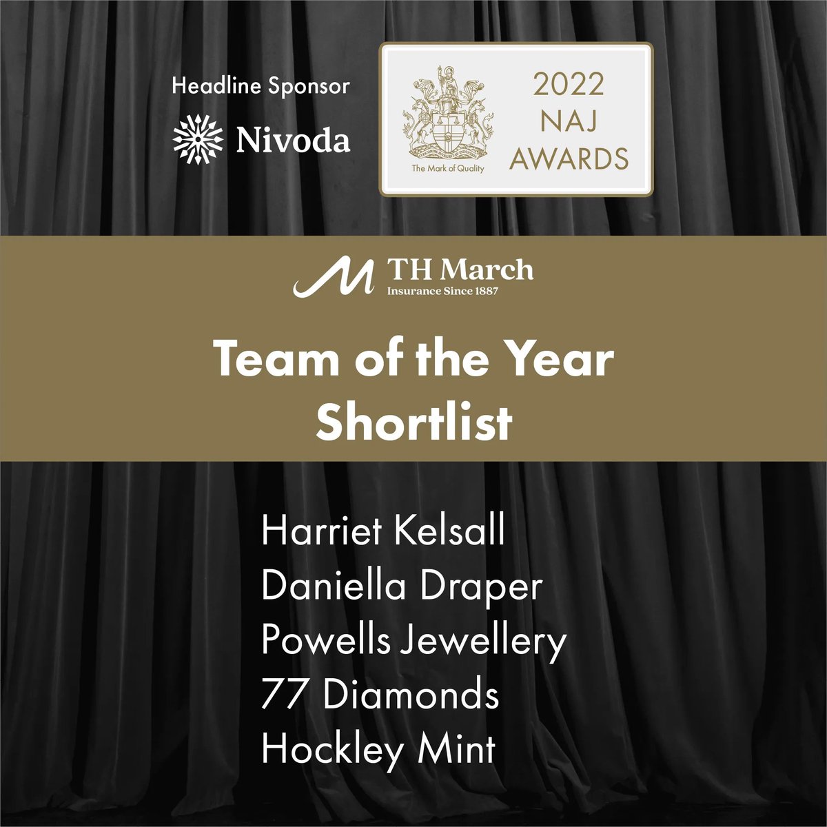 UKNAJ's tweet photo. 👏 Congratulations to the Team of the Year shortlisted businesses, sponsored by @THMarchUK 

@HKJewellery @danielladraper @PowellsChester @77Diamonds @hockleymint 

Book your NAJ Awards tickets now for £65 +VAT. Email events@naj.co.uk https://t.co/PPXo4yEqwK