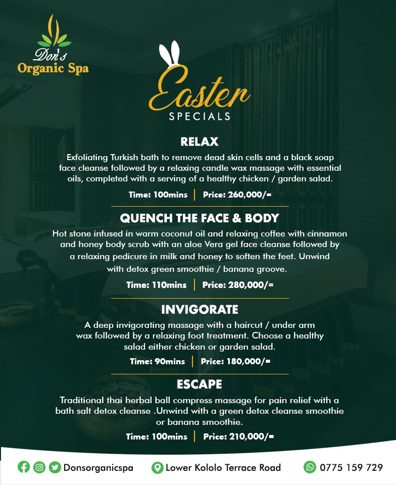 DonsOrganicSpa's tweet photo. Celebrate this Easter with our Special packages.
👉 Come and enjoy total relaxation for the body, mind, healing massages and more!
#Donsspa |#Easterpackages |#Spa |#Facials |#massage |#spa #beauty | #skincare #relax #massage #wellness #selfcare | #health |#kololo| https://t.co/p2kMTFevzf