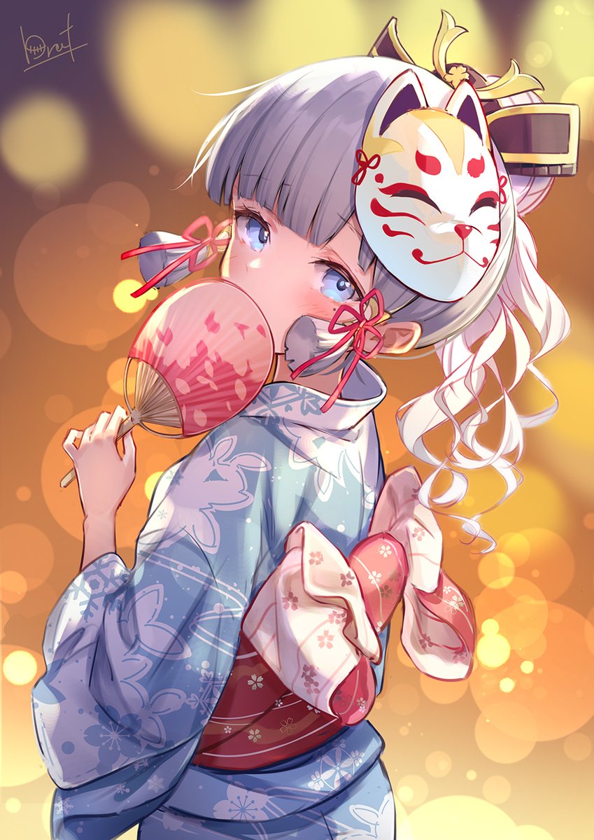 kamisato ayaka 1girl japanese clothes hand fan mask kimono fox mask blue eyes  illustration images