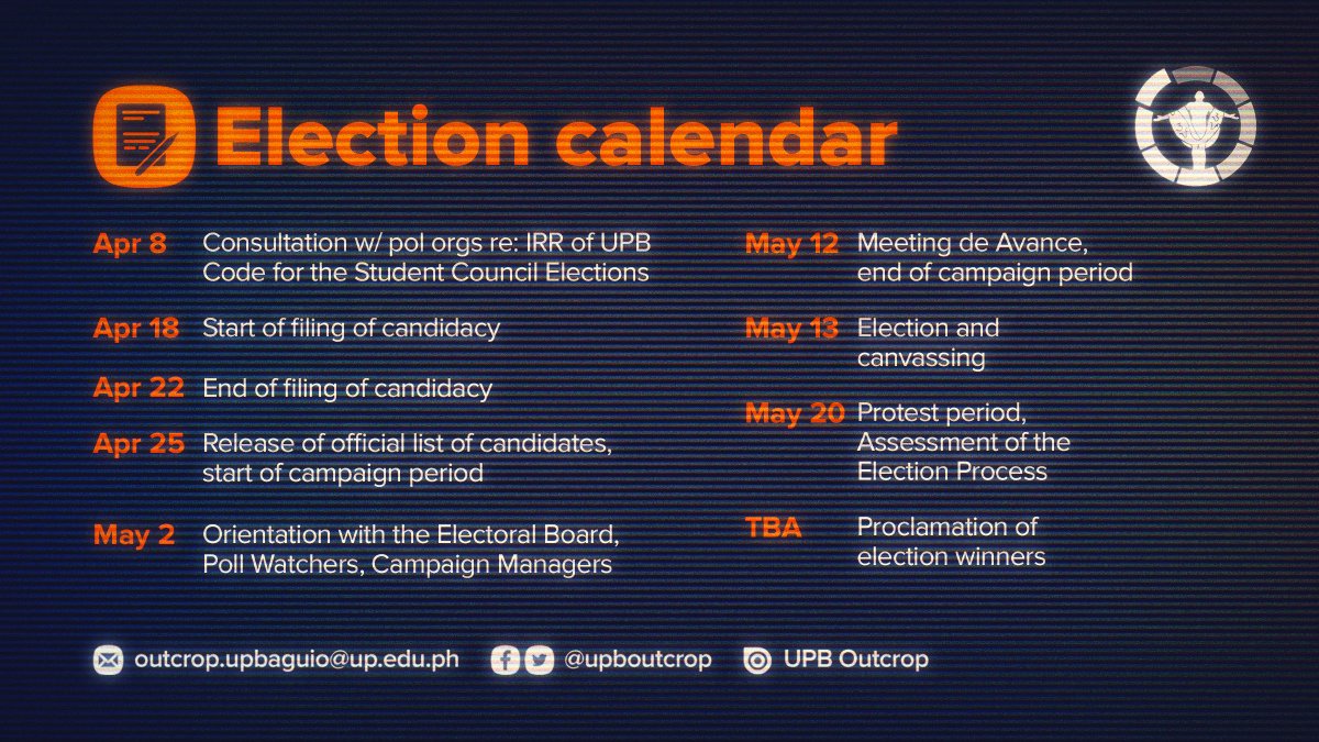 upboutcrop's tweet image. ELECTION CALENDAR | The Commission on Elections of UP Baguio released the official calendar for the upcoming UP Baguio Student Council Elections 2022

For updates on the student council election coverage, follow UP Baguio Outcrop on Facebook and Twitter

#SCrutiny2022
#UPBSCE2022