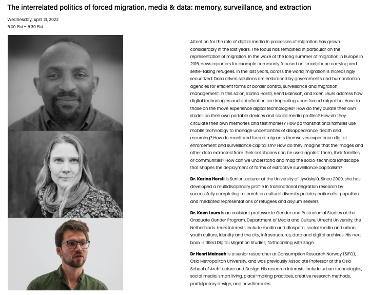 join us today at 5pm CET if you are interested in questions aroundforced migration, visuality, memory and the politics of datafication and extraction - with <a href="/henrymain/">henry mainsah</a> and <a href="/karinahorsti/">Karina Horsti</a> - chaired by <a href="/Andreas_Hepp/">Andreas Hepp | @Andreas_Hepp@sciences.social</a> ⬇️