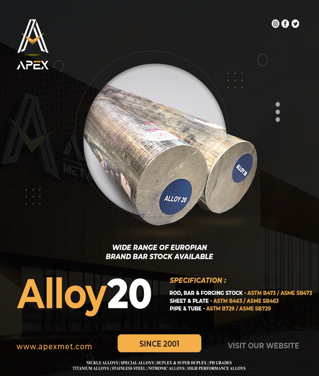 apexmetalindia's tweet photo. ALLOY 20
Wide range of european brand bar stock available
Strengthening Partnership Since 2001
Visit Us:- https://t.co/cUZbkSSKJX
Contact us onπ:- 9136007211
#ApexMetalIndia #Apex #StainlessSteel #NickelAlloys #duplexsteel #SuperDuplexSteel #SpecialAlloys #roundbars #PHGrades https://t.co/E2QY7hZK2h