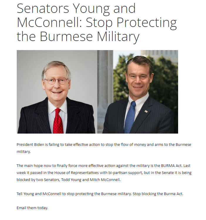 bughermk1's tweet photo. @SenToddYoung @LeaderMcConnell - You have both previously supported democracy and human rights in #Myanmar. Are you holding up the #BURMAAct? Why?

@burmacampaignuk:  https://t.co/PsRgBWkagZ https://t.co/5tUPLKQad5
