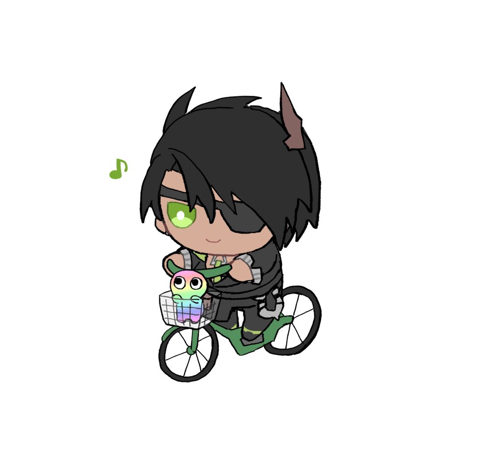 single horn eyepatch 1boy horns male focus green eyes bicycle  illustration images