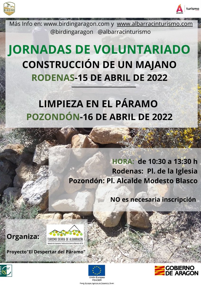 BirdingAragon's tweet photo. 🦉 “El Despertar del Páramo” lleva a #Rodenas y #Pozondón dos jornadas de voluntariado medioambiental
Englobadas dentro de este proyecto ganador de "Pajareando" de #BirdingAragón; no requieren inscripción...
👉 Más info en https://t.co/kr059CcuoO
#Ornitología #OrnitologíaAragón https://t.co/AmQM7QPhJa
