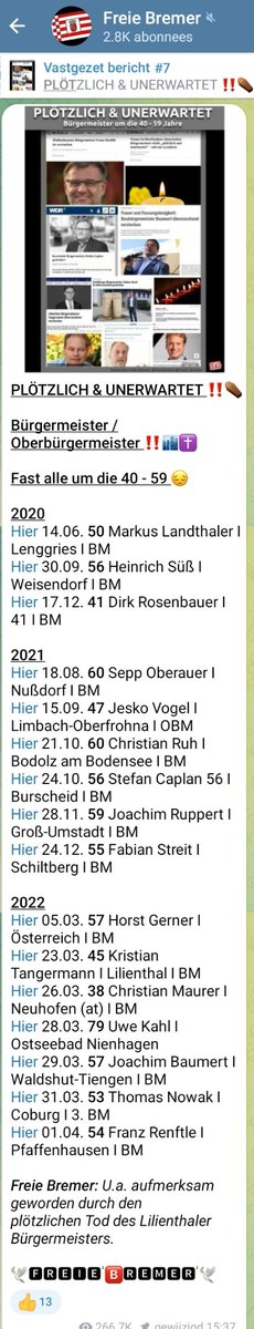 #SuddenlyAndUnexpected zijn er al minstens 15 Oostenrijkse en Duitse burgemeesters dood neergevallen. Gemiddelde leeftijd rond de 40 t.me/freies_bremen/…
#plötzlichundunerwartet