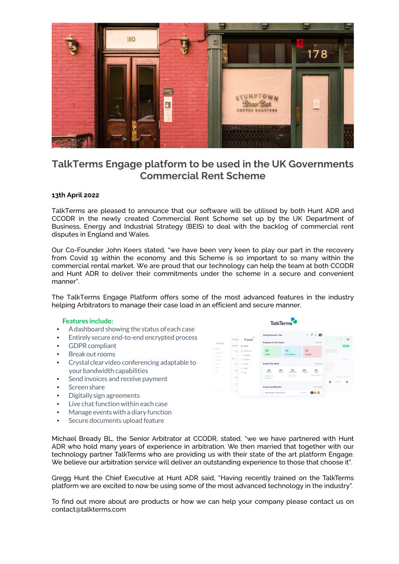 Great news for the team at TalkTerms, as technology partner to <a href="/CCODRTweet/">CCODR</a>, our Engage platform will be used exclusively by them on the UK Governments Commercial Rent Scheme using #arbitration to assist with business rent arrears and #recovery from #Covid.

#ADR #resolution