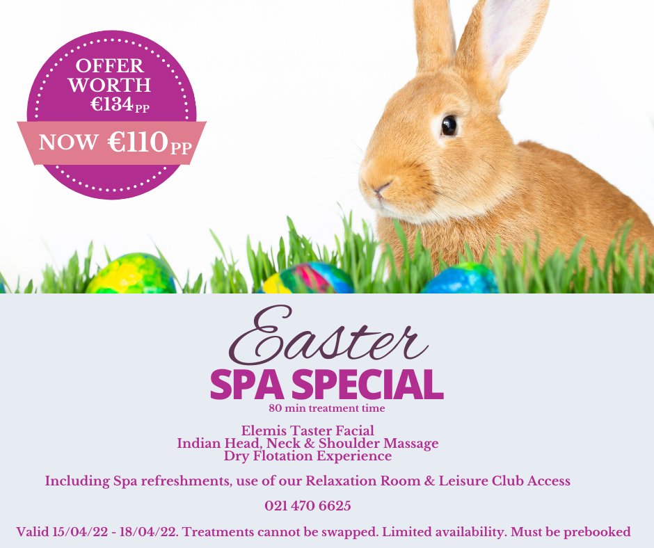 HotelKinsale's tweet photo. Forget the chocolate this weekend and treat yourself to our delicious Easter Spa Package

This limited package includes: 
* Elemis Taster Facial 
* Indian Head, Neck &amp; Shoulder Massage
* Dry Flotation Experience

15th-18th Apr

Contact our Spa on 021 470 6625 or spa@hotelkinsale https://t.co/Xn91bHR4Mi