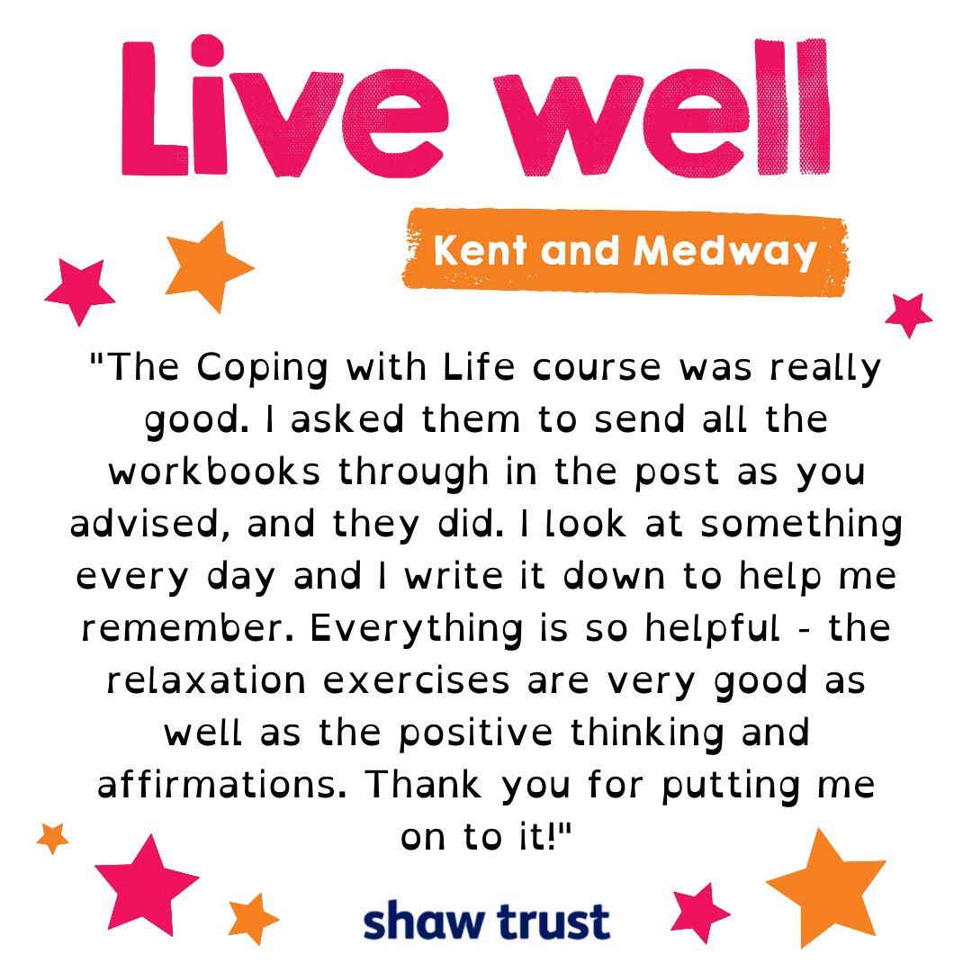 shawtrustwell's tweet photo. If you live in #Maidstone or the #Canterbury & Coastal area and would like to give our #MidKentMind #CopingWithLife course a try, then ask your Community #HealthAndWellbeing Navigator to make a referral for you.
#LiveWellKentAndMedway is funded by @Kent_cc & @NHSKMCCG https://t.co/rR37PGQsYJ