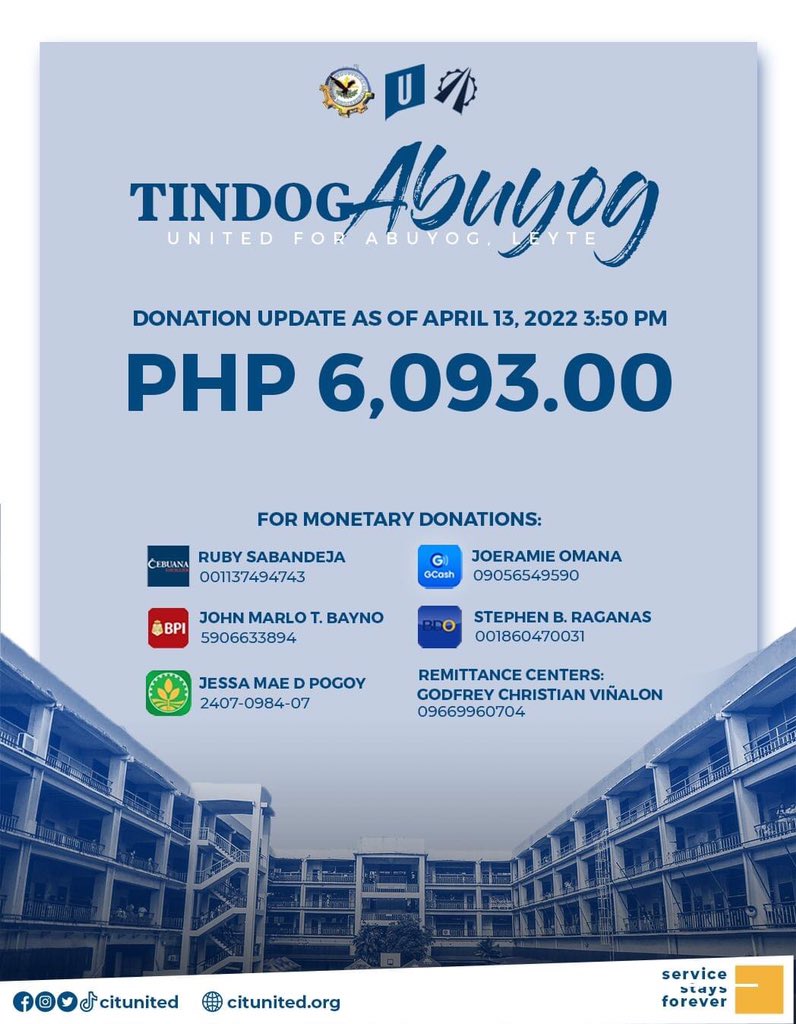 citunited's tweet photo. #TransparencyUpdates | PROCEEDS ACCUMULATED FOR #TindogAbuyog
As of 3:50 PM of April 13, 2022, the donation drive spearheaded by UNITED, together with ABANTE for Technologians and CIT University Industrial Engineering Council, has accumulated an amount of PHP 6,093.00. https://t.co/1I8jFvTpmy