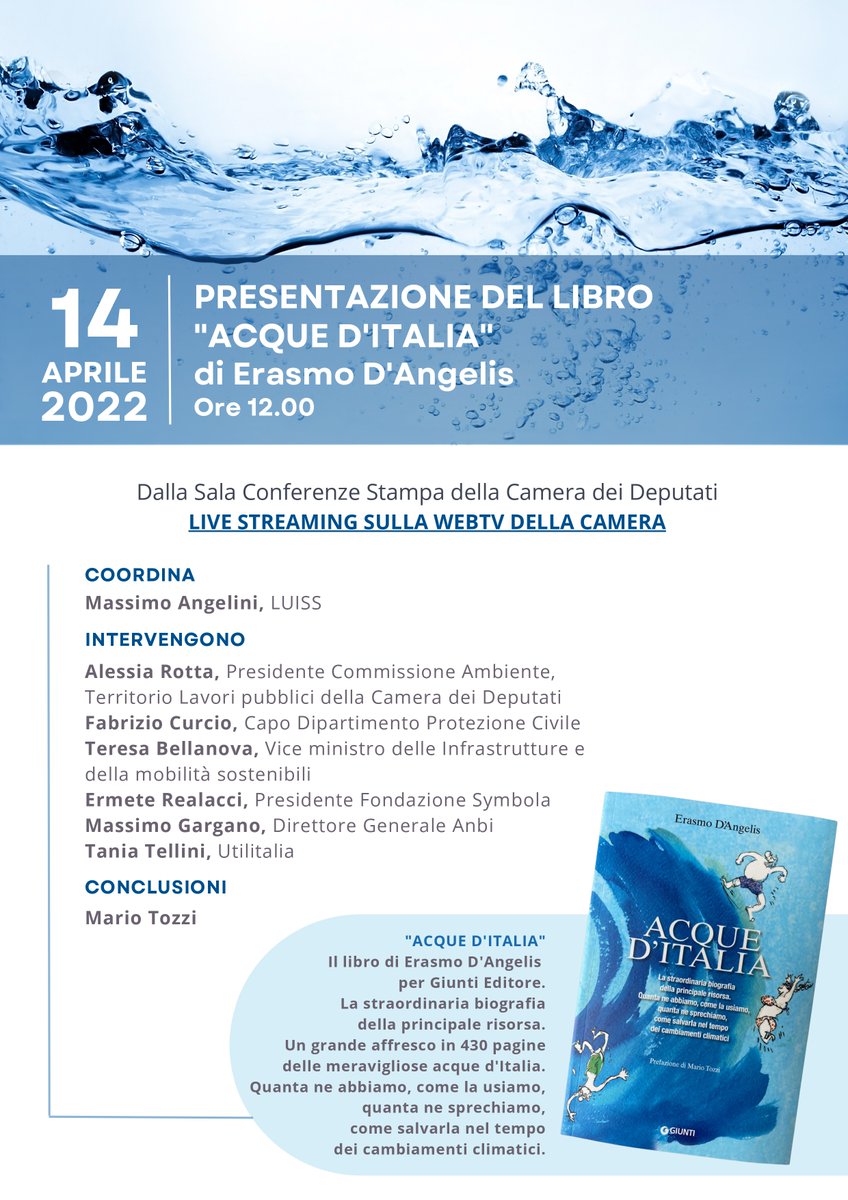 Quanta acqua abbiamo, quanta ne sprechiamo, come salvarla nel tempo del cambiamento climatico?
Ne parliamo domani 14 aprile h.12 da <a href="/Montecitorio/">Camera dei deputati</a> alla presentazione del libro "Acque d'Italia" di <a href="/ErasmoDAngelis/">Erasmo D'Angelis</a> con <a href="/OfficialTozzi/">Mario Tozzi ⛏</a> Curcio <a href="/erealacci/">Ermete Realacci</a> <a href="/TeresaBellanova/">Teresa Bellanova</a> Gargano e altri