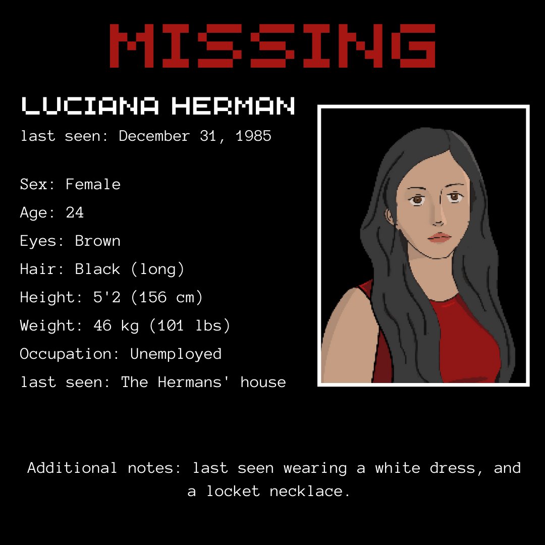 CPARGermain's tweet photo. [𝐌𝐈𝐒𝐒𝐈𝐍𝐆 𝐏𝐄𝐑𝐒𝐎𝐍𝐒] 
Good day, Detective. Three missing person reports have been filed! Sisters Luciana, Victoria, and Milagros Herman have gone missing. Have you seen them? They need to get back home immediately.

 #indiegame #8bitgames  #murdermystery #neveragain https://t.co/ONE0icKgG9
