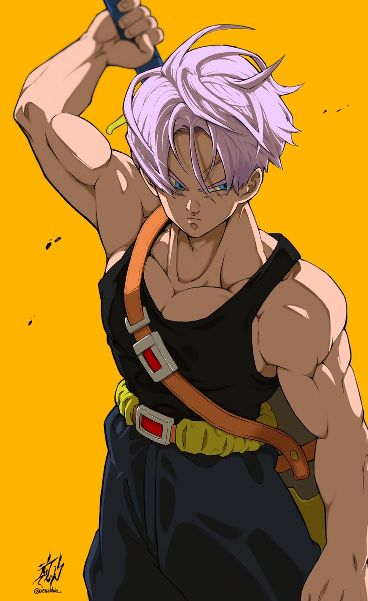 trunks (dragon ball) 1boy male focus solo muscular weapon sword tank top  illustration images