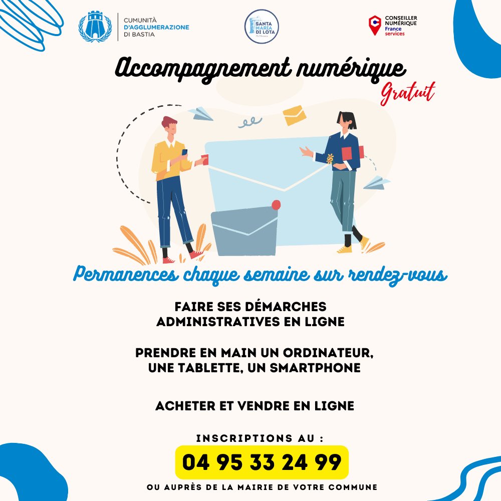 AggloBastia's tweet photo. 💻#Numericu
Vous avez besoin d'aide dans vos démarches numériques du quotidien ?
🤝Notre conseiller numérique est là pour vous aider !
Prochain rendez-vous à la mairie de 𝐒𝐚𝐧𝐭𝐚 𝐌𝐚𝐫𝐢𝐚 𝐃𝐢 𝐋𝐨𝐭𝐚
Inscriptions au 04 95 33 24 99 ou à la mairie de @SantaMaria_Lota https://t.co/65qOBVcJLE