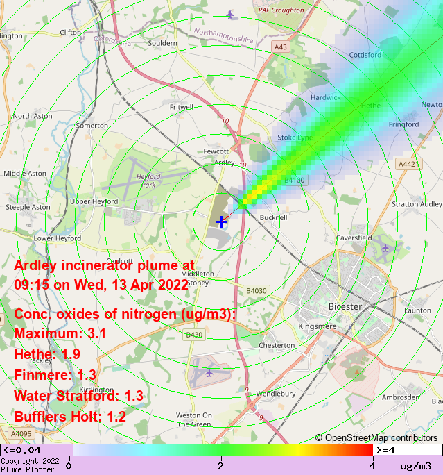 plumeplotter's tweet photo. Latest Ardley incinerator plume plot, 09:15 13/04/22 #Hethe #Finmere #WaterStratford https://t.co/JXOBG8skMB https://t.co/Cd6uMxAtum