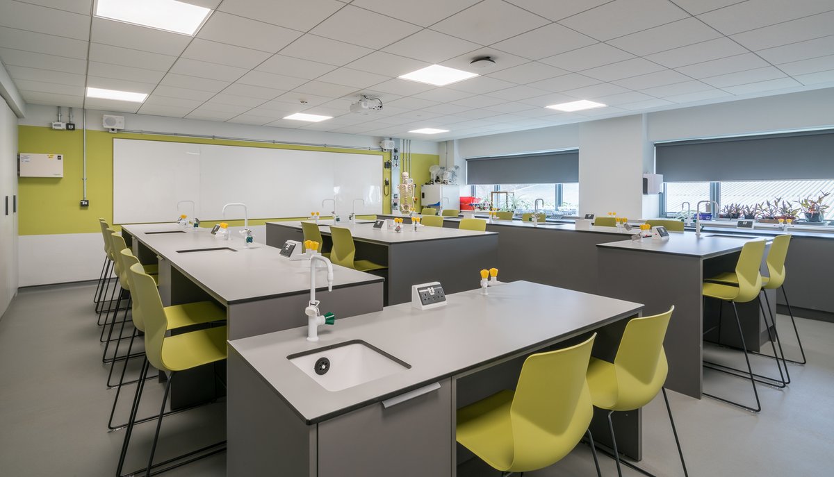 We installed #bespoke fitted #furniture for 4 labs, a prep room and stores on this project last summer. We consulted with our customer &amp; the end user &amp; the result is a vibrant and stimulating environment with  #storage that houses all their equipment.
#laboratoryfurniture #ukmfg