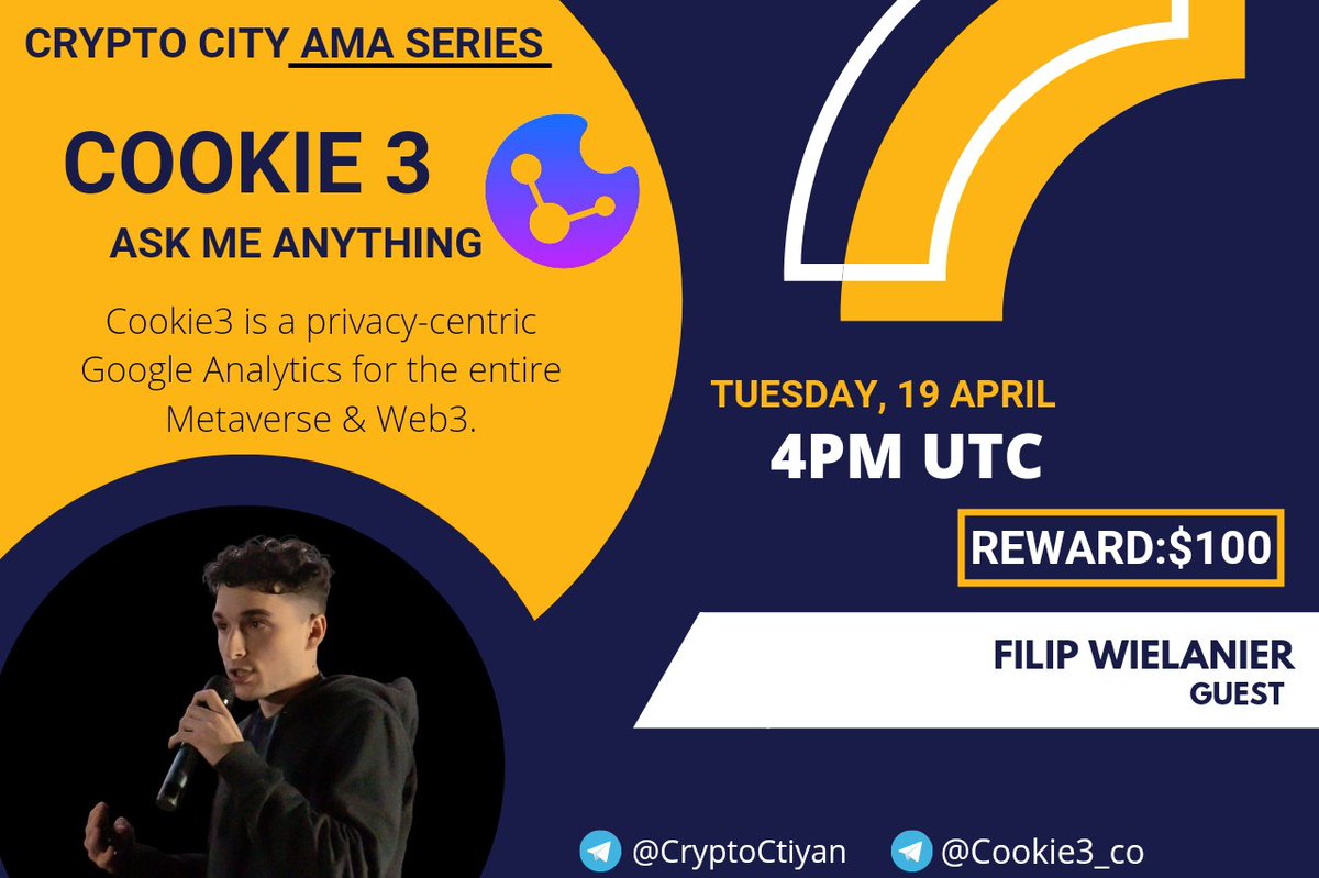 CryptoCity53's tweet photo. ⚔️AMA Series With @cookie3_co

🎁Prize: $100 USDT
📆Date: 19 April 2022
🧭Time :04.00 PM UTC
🏨 Venue: https://t.co/XuQq3U2PzM

〽️ Rules:

1️⃣. Follow 
@CryptoCity53
  &amp;
@cookie3_co

2️⃣. Like Retweet &amp; Comment Your Questions &amp; Tag 3 friends. https://t.co/JFNiMDzDC5