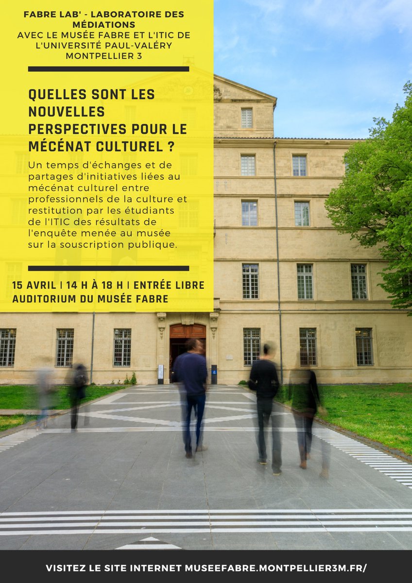 Centre Culturel UPV (@ccuupv) on Twitter photo Ce vendredi 15 Avril, de 14h à 18h, le <a href="/museefabre/">Musée Fabre</a> et <a href="/ITIC_Mtp/">ITIC Montpellier</a> de l'<a href="/univpaulvalery/">Université de Montpellier Paul-Valéry</a> s'associent pour proposer une après-midi de réflexions et d'échanges sur la question du mécénat culturel dans les musées !
Entrée libre à l'auditorium du musée Ce vendredi 15 Avril, de 14h à 18h, le <a href="/museefabre/">Musée Fabre</a> et <a href="/ITIC_Mtp/">ITIC Montpellier</a> de l'<a href="/univpaulvalery/">Université de Montpellier Paul-Valéry</a> s'associent pour proposer une après-midi de réflexions et d'échanges sur la question du mécénat culturel dans les musées !
Entrée libre à l'auditorium du musée
