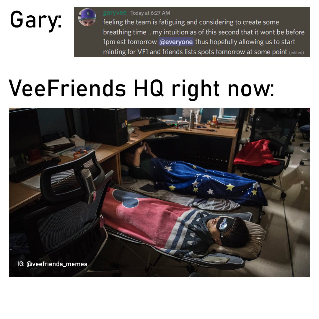 Coming from an industry, where pushing back a deadline is the biggest sin, this <a href="/VeeFriends/">VeeFriends</a> approach is refreshing.

PS: Drop a comment and let me know which VeeFriend is hiding in this picture.

<a href="/garyvee/">Gary Vaynerchuk</a> <a href="/krainak/">Andy Krainak</a> <a href="/adamripps/">Adam Ripps</a> <a href="/TylerDowdle/">Tyler Dowdle | tdowds</a> <a href="/Behindthekit/">Daniel Donayre</a> <a href="/jeremyknowsVF/">Jeremy Knows | VeeFriends</a> @BizzyNFT23