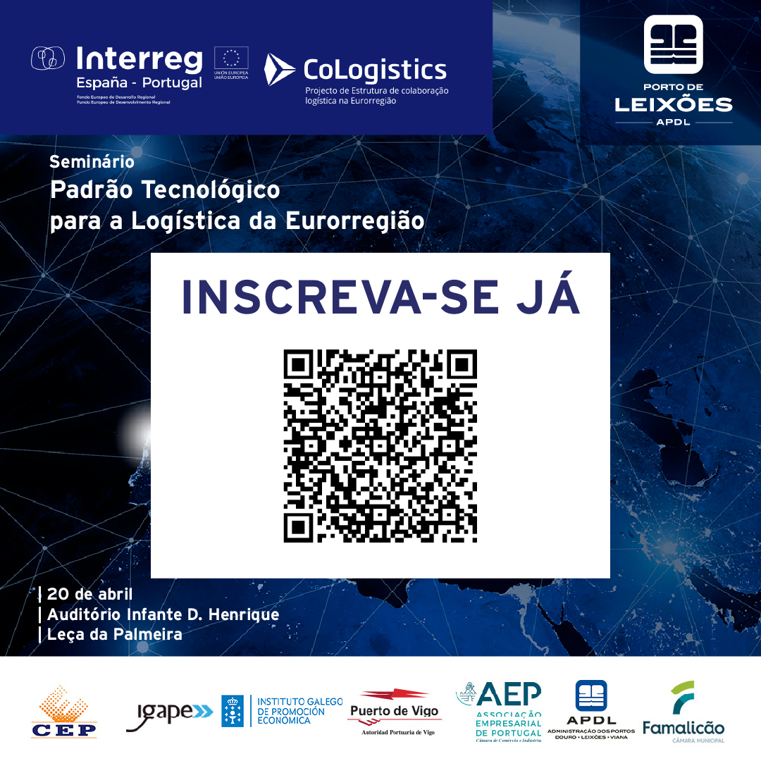 O projeto transfronteiriço <a href="/CologisticsEU/">Digital CoLogistics Project</a>  
 vai realizar o Seminário "Padrão Tecnológico para a Logística da Eurorregião".
20 de abril, das 9h00 às 12h45m, no Porto de Leixões, Veja o programa e inscreva-se em bit.ly/3JQ9LuN
Inscrição até 18 de abril