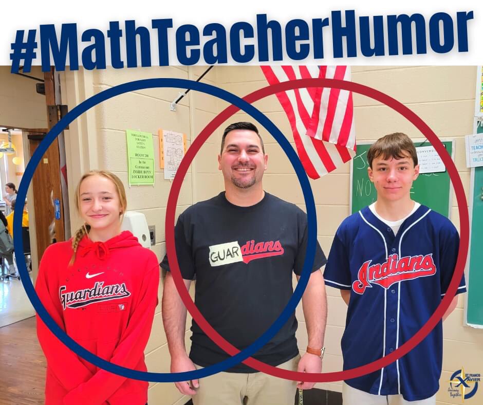 SFX_Medina's tweet photo. Math + Baseball = #mathteacherhumor 

St. Francis Xavier School Math teacher, Mr. Burns, found some math humor while cheering on the Cleveland Guardians for opening day. 
#venndiagram 
#openingday #knightsofcolumbus #KofC 
#ClevelandGuardians https://t.co/HjUrWoTmVt