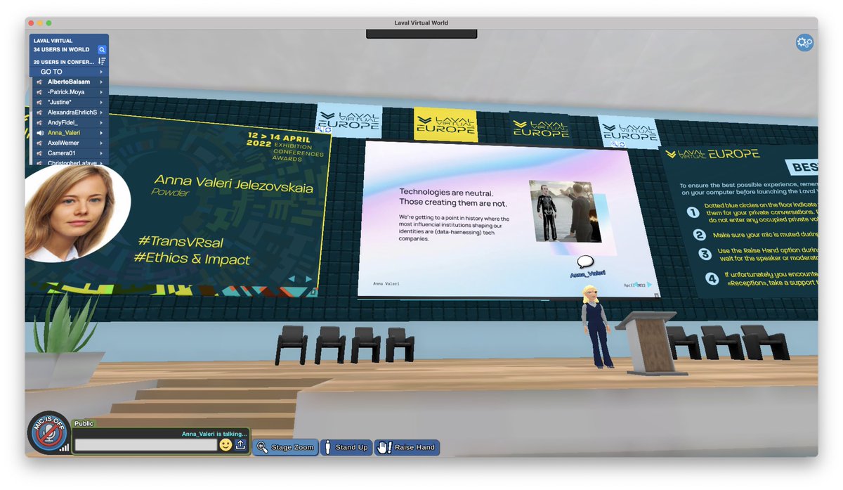 jel_anna's tweet photo. Reporting from @lavalvirtual 🎙Such a pleasure to be back, talking about #ethcis, a subject that remains the most existential and urgent of all in the #metaverse 🌍 Thanks @AndyFidel_ @lancegpowelljr @vrleader @danieldbryant for illuminating me ✨ https://t.co/t92rPiI9sM
