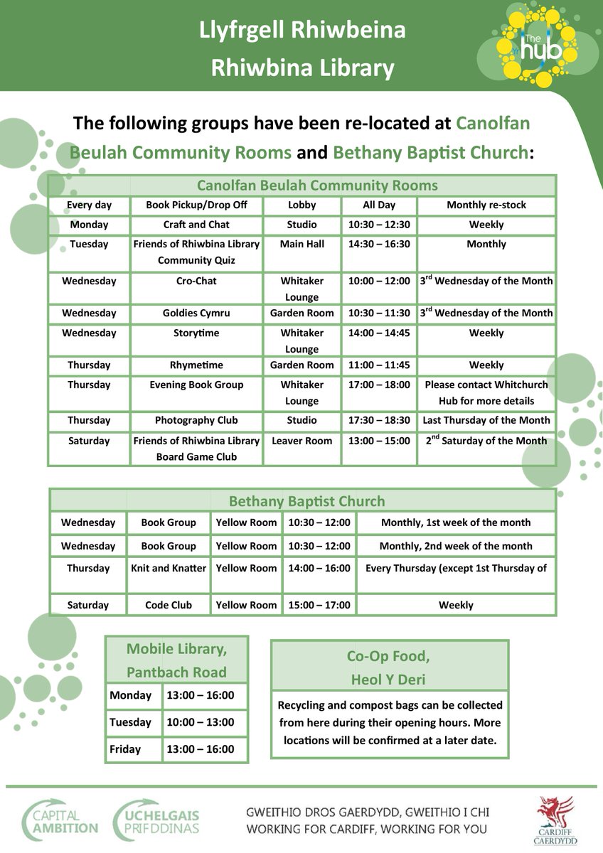 ℹ️ Rhiwbina Library will close from Saturday 23rd April at 5:30pm to undergo refurbishment works.

The new Rhiwbina Hub will open later this year, with more services and improved facilities. 

During this time you can access full services at Whitchurch Hub, CF14 7AX.