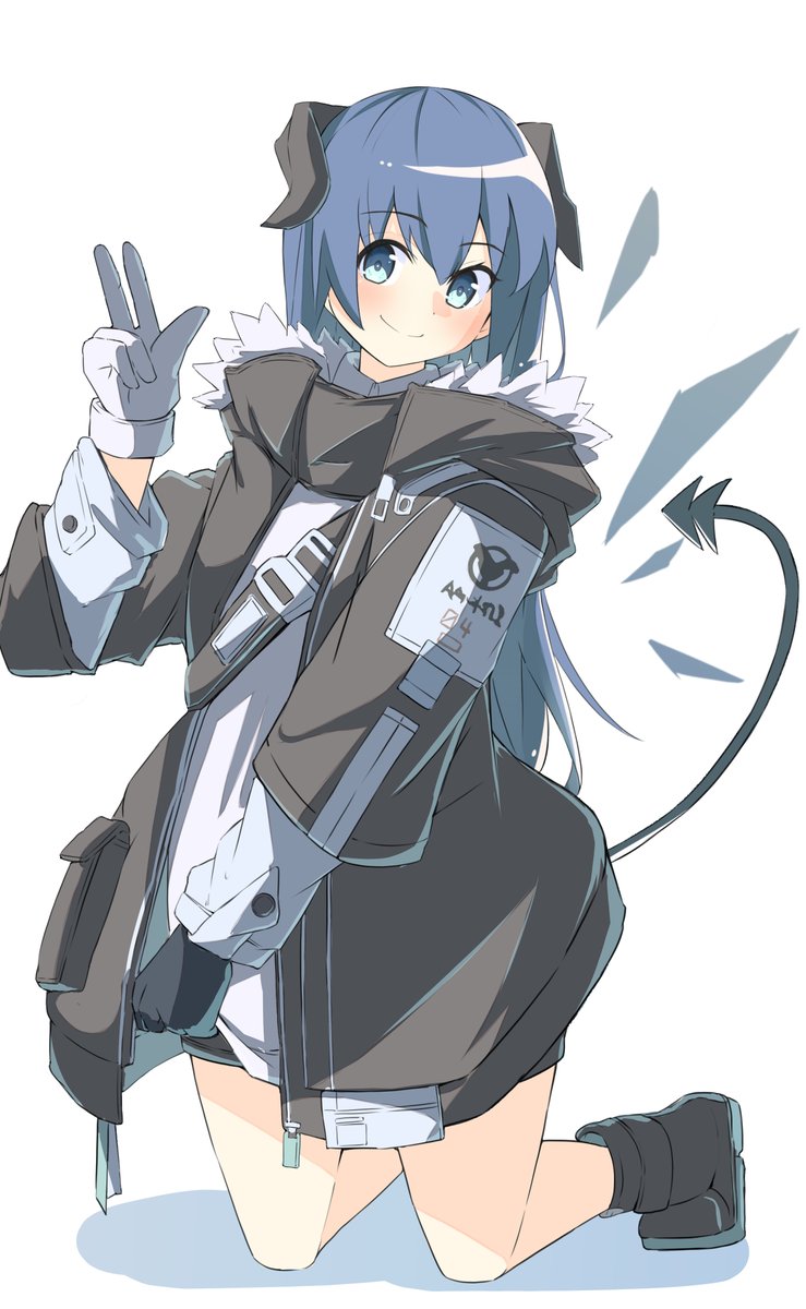 mostima (arknights) 1girl solo horns gloves tail blue hair long hair  illustration images
