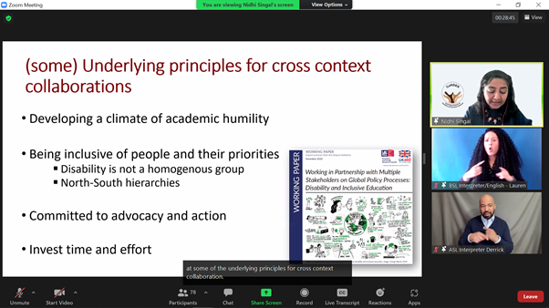 Patkpk's tweet photo. "it is very disconcerting, uncomfortable and inappropriate to have only one model for inclusive education" @nsingal14 @CaNDER_Research. It is so important to reflect on how we can 'foster the climate of change'! Thanks amazing team @deaf_education for hosting this conference. https://t.co/93CBTfNsfZ