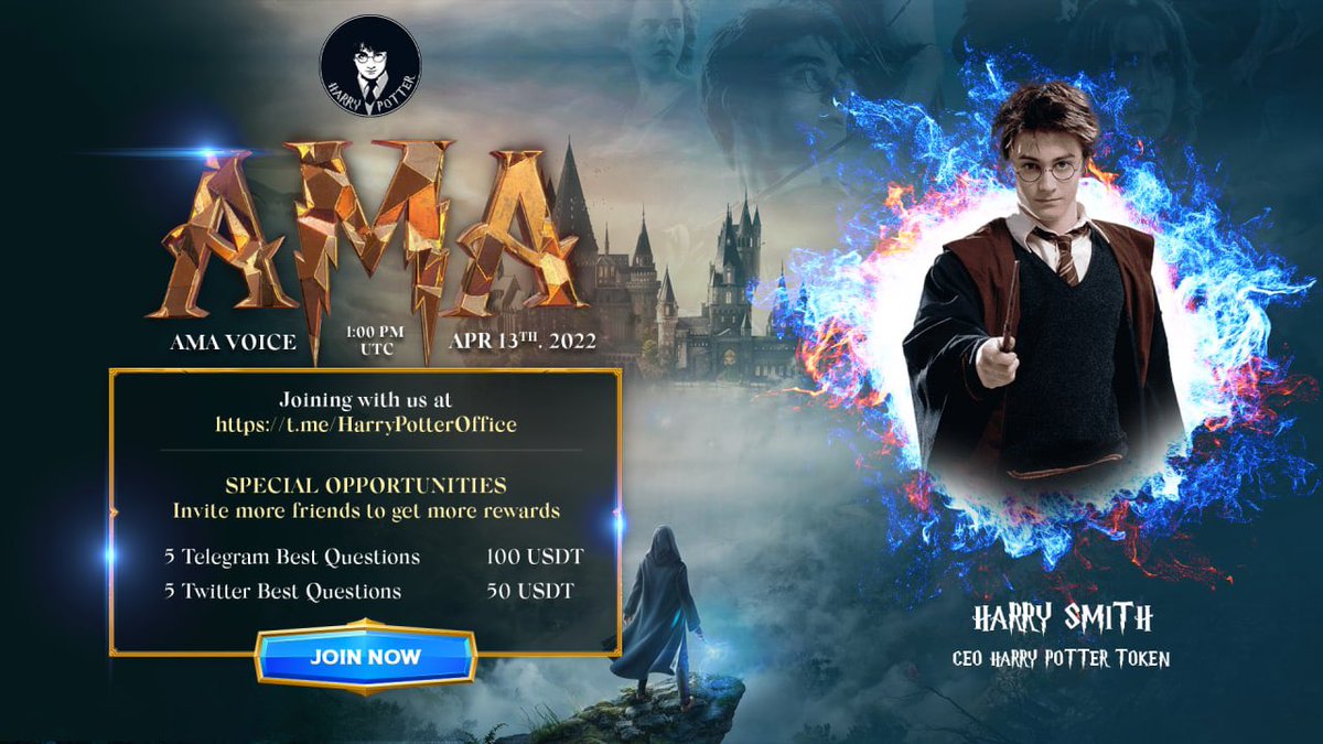 Join today AMA to understand more about our project.
Timeline: 01:00PM UTC, Apr 13 2022.

We hope that our project will support Potterheads to get rich and help people in war-torn countries.

Join now : t.me/HarryPotterOff……

#BSCGem #BSC #HPIToken #AMA
