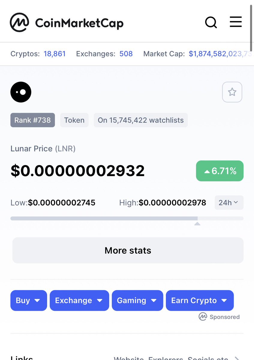 LNRDaily's tweet photo. 🚨@lnrdefi now ranked #738 on @CoinMarketCap! Up 10 spots from 3 days ago! 🚀 Just on March 23, we were ranked 786. We moved up almost 50 spots since! 😎🚀🚀 DYOR!

🔥 https://t.co/ZLx3ZGXWyX

#lunardefi #LNR #lnrdefi #BSC #Binance #BNB #Blockchain #DeFi #Crypto #cryptocurrency https://t.co/hznHzbHyKJ