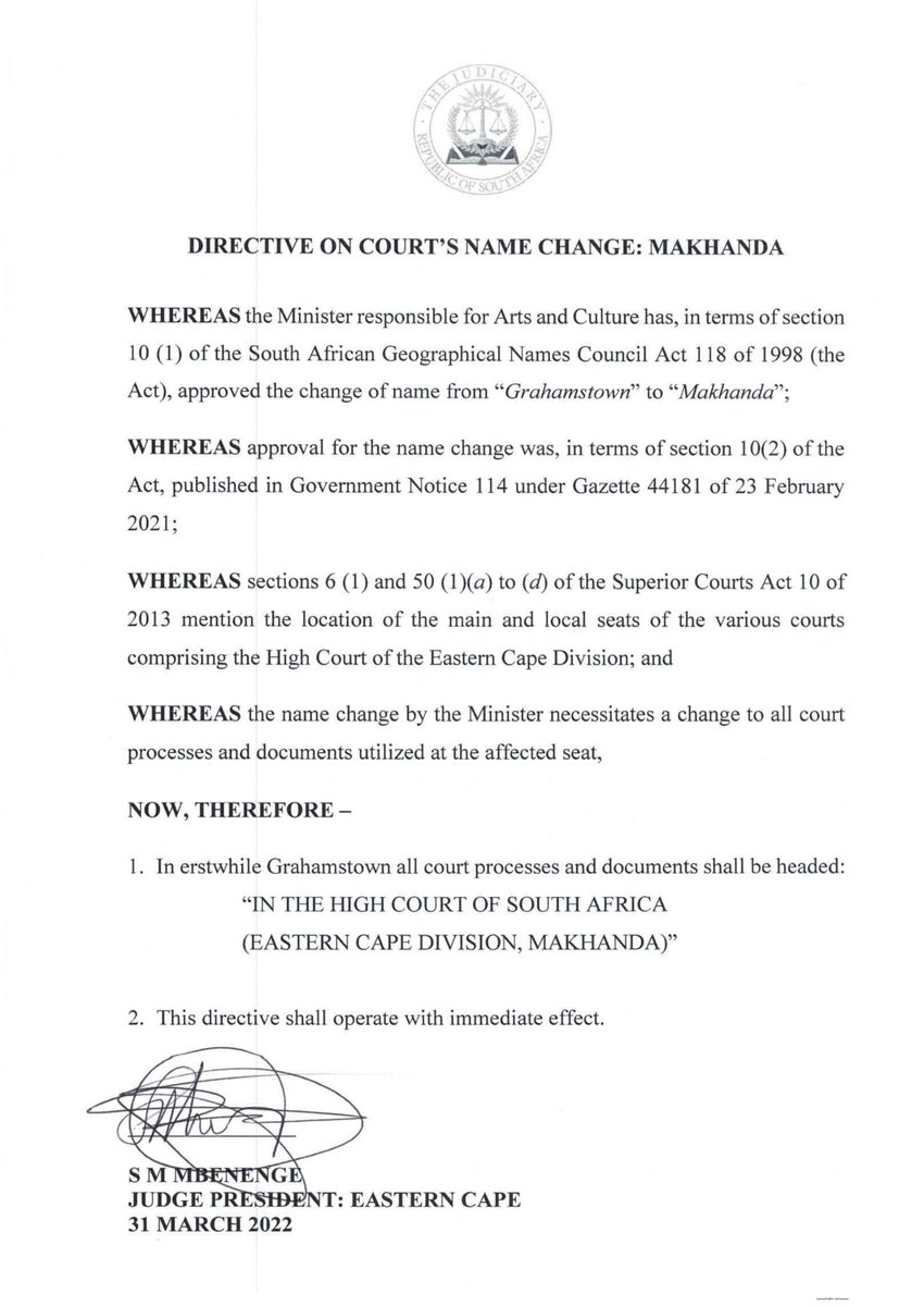 EC_Division's tweet photo. DIRECTIVE ON COURT NAME CHANGE - GRAHAMSTOWN TO MAKHANDA https://t.co/ko88xRsdnV