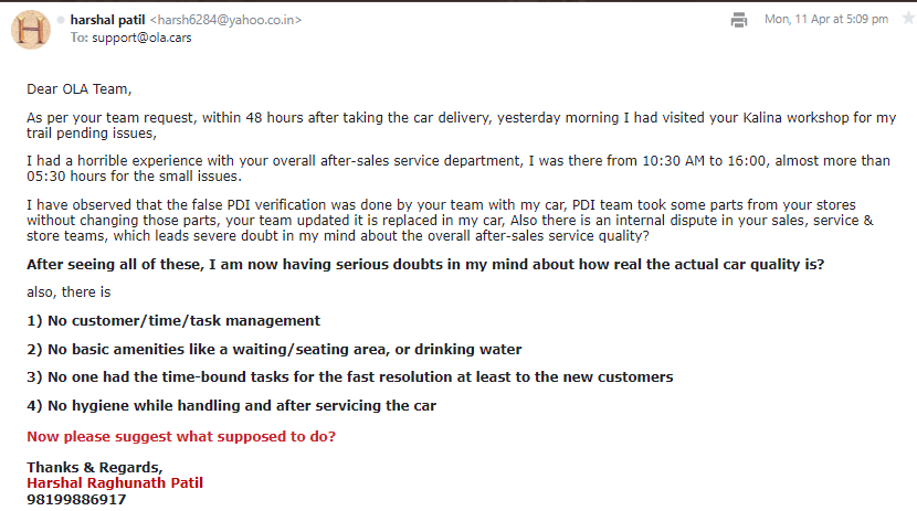 harsh6284's tweet photo. @OlaCarsOfficial @bhash OLA Cars pls resolve my issues asap, escalated the same on your care id on 11 Apr, yet not have any resolution.... https://t.co/5pfmjyJs4i