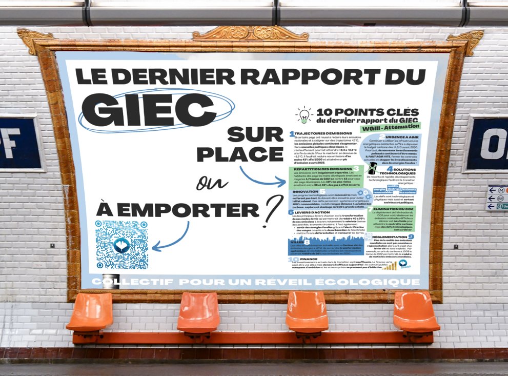 Action d'utilité publique : remplacer les pubs du métro parisien "Toute l'Europe pour 8€ ✈️" par notre synthèse du dernier rapport du #GIEC.