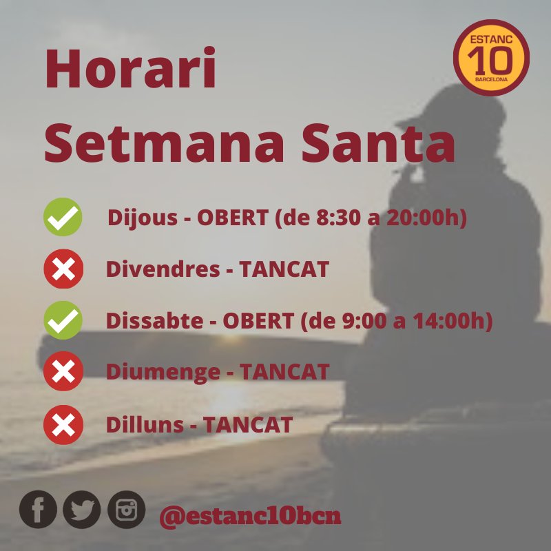 estanc10bcn's tweet photo. Dissabte de Setmana Santa tenim obert de 9 a 14 hores.
Recorda que divendres i dilluns tindrem tancat.
#estanc10bcn #EstancVilapicina #vilapicina https://t.co/t3aZU1uZPB