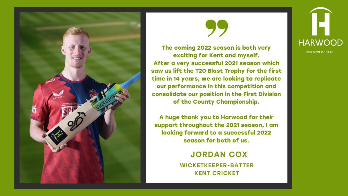 Harwood is delighted to announce that we have renewed our sponsorship with Kent Cricket's Wicketkeeper-batsman, Jordan Cox for the upcoming season.

We wish Jordan the best of luck for the season ahead!

#BuildingControl #Cricket #ApprovedInspectors #KentCricket #SupportingTalent