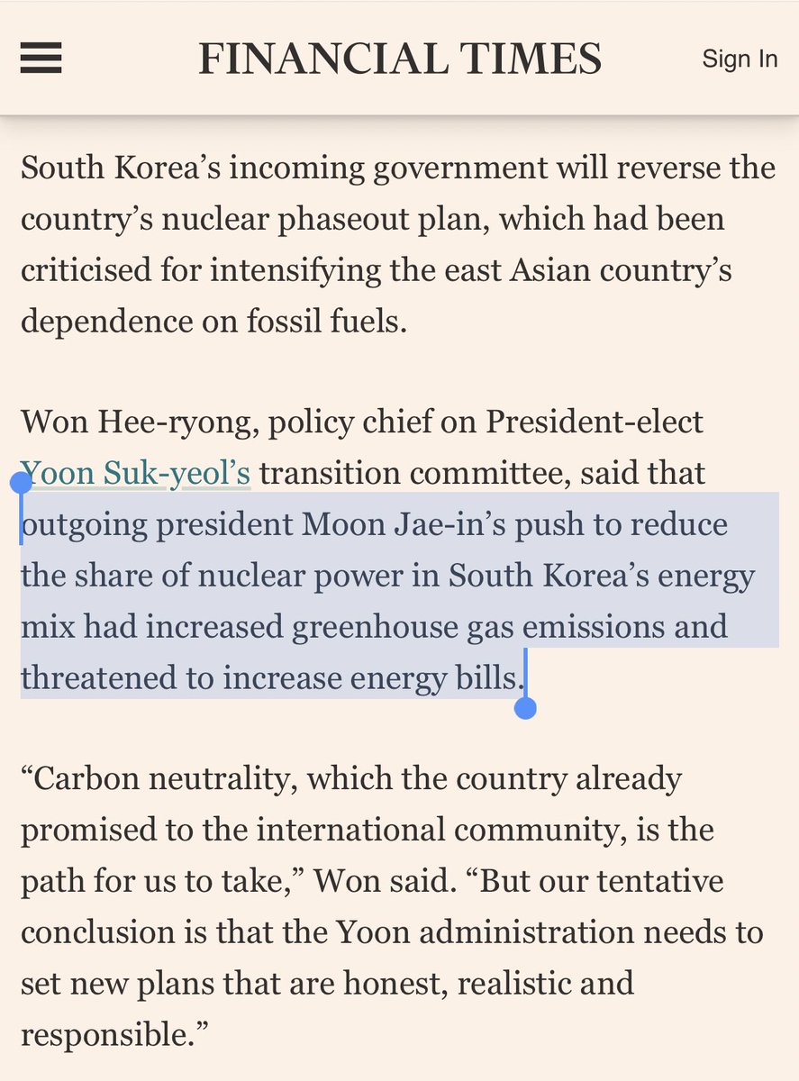 Big news:

South Korea reverses its previous plan to phase out nuclear energy.

Incoming government cites rising greenhouse gas emissions and Russian invasion of Ukraine as reasons to invest more in nuclear power.